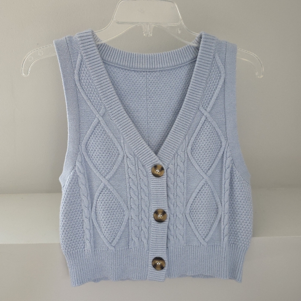 Sincerly Jules Pale Blue Cable-Knit Button Vest